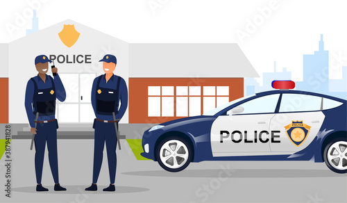 Diverse multiracial smiling police officers talking in front of a police car and police station. Flat cartoon vector illustration with fictional characters.