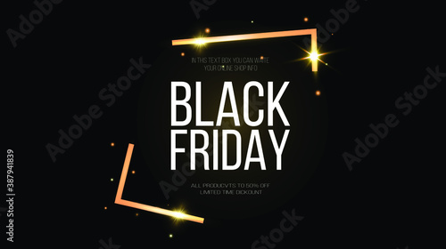Black friday banner mockup.  A festive golden, glowing frame that is strewn with gold dust.