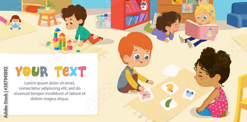 Kids playing with bricks and educational games in kindergarten room. Kids play together in kindergarden. Poster with the place for your text. Playroom with children.