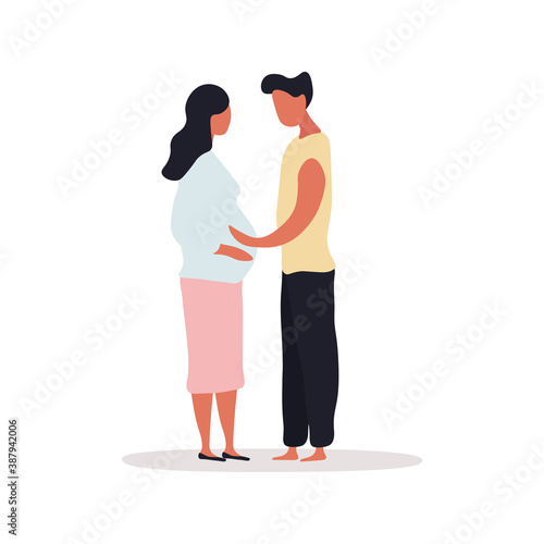 Happy family concept. A man and his pregnant wife are standing face to face. A man stroking his wife s tummy. Flat cartoon vector illustration
