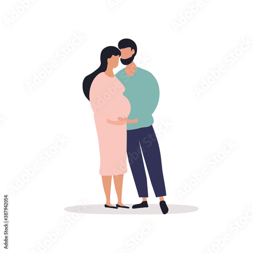 Happy family concept. A bearded man and his pregnant wife are standing nearby and hugging. A man stroking his wife s tummy. Flat cartoon vector illustration with fictional characters isolated on white