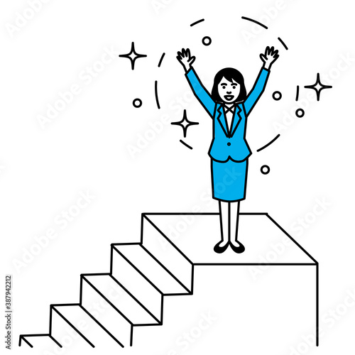 Woman rejoicing on the stairs. Vector illustration.