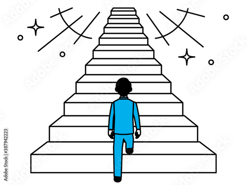 Back view of a man starting to climb the stairs. Vector illustration.
