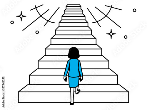 Back view of a woman starting to climb the stairs. Vector illustration.