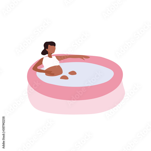 A pregnant woman sitting in an inflatable pool filled with water and relaxes. Flat cartoon vector illustration with fictional cartoon isolated on white background.
