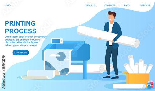 A man printing a banner on a huge typographic printer. Flat cartoon vector illustration with fictional character. Website, web page or landing page template.