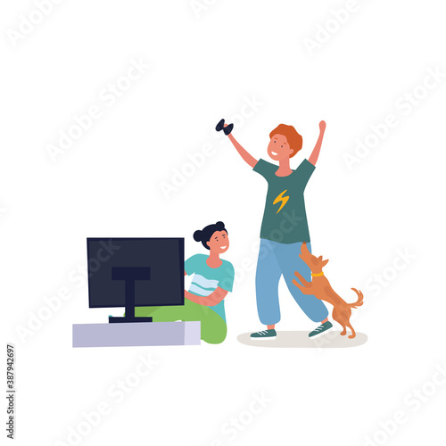 Happy kids boy and girl playing video games. Flat cartoon vector illustration isolated on white