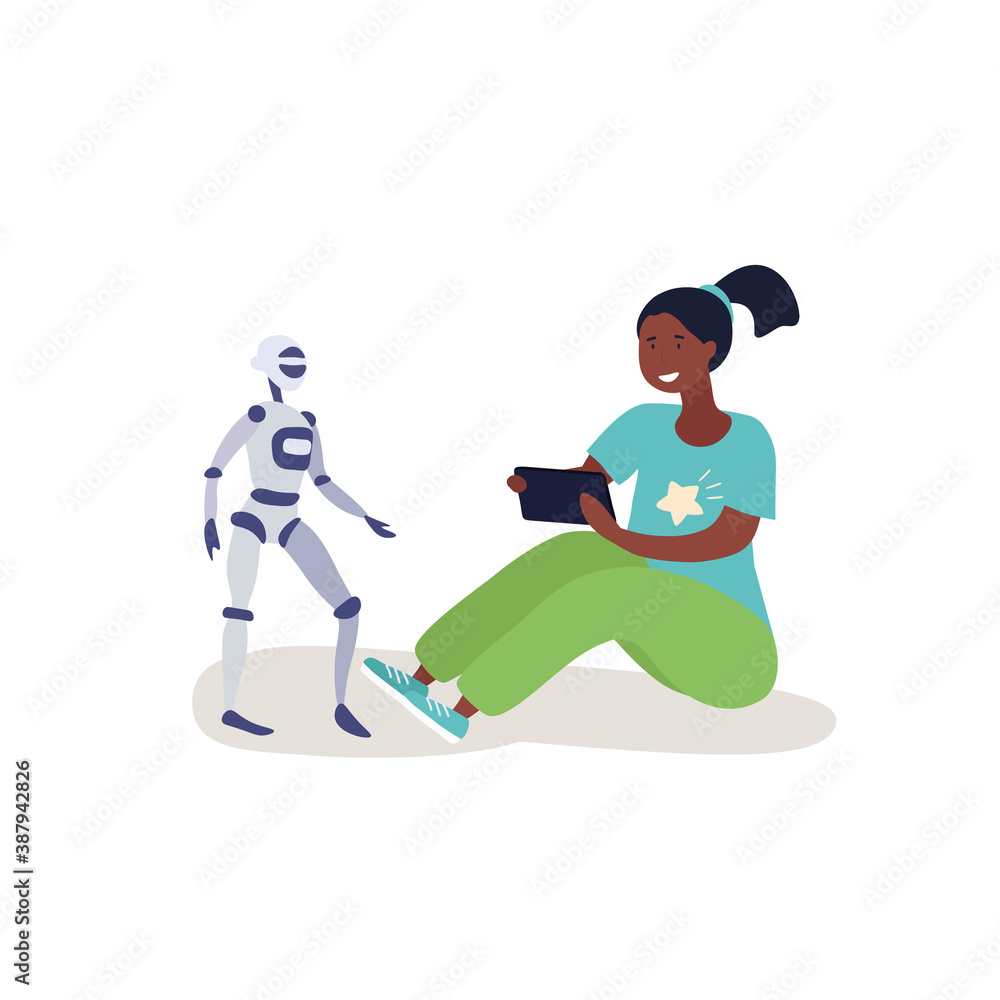 A girl playing with a radio controlled robot. Flat cartoon vector illustration with fictional characters isolated on white.