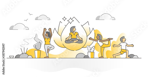 Yoga exercise for body stretching and flexibility monocolor outline concept