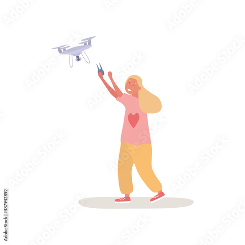 The girl playing with a quadcopter on the remote control. Flat cartoon vector illustration.