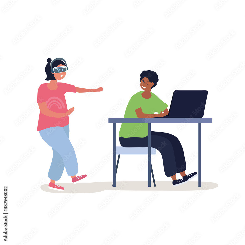 The concept of digital gadgets and devices. A boy sitting at a laptop and studying or working, a girl in virtual reality glasses walking nearby. Flat cartoon vector illustration. The concept of digital gadgets and devices. A boy sitting at a laptop and studying or working, a girl in virtual reality glasses walking nearby. Flat cartoon vector illustration.