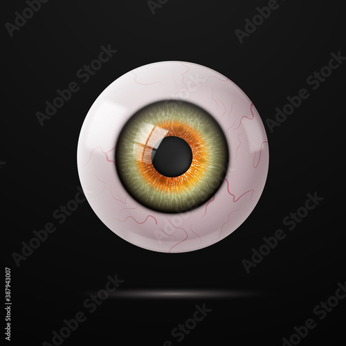 Human eye with veins on a dark background. Vector illustration.
