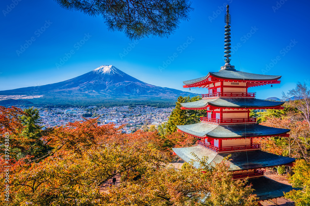 The Chureito Pagoda of Arakura Sengen Shrine, Yamanashi Prefecture, Japan, with a backdrop of Mount Fuji, seen in early autumn.