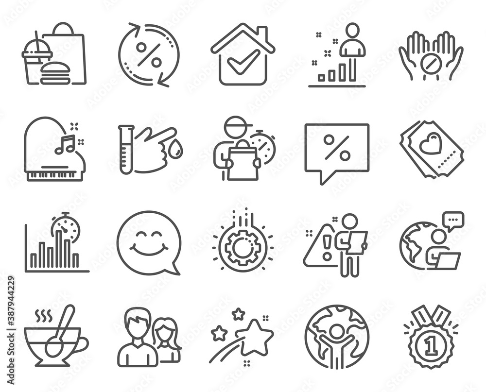 Business icons set. Included icon as Global business, Piano, Discount message signs. Stats, Gear, Medical tablet symbols. Smile face, Loan percent, Couple. Tea cup, Blood donation. Vector
