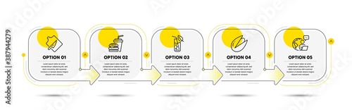 Hamburger, Pistachio nut and Cutting board line icons set. Timeline process flowchart. Water glass sign. Burger with drink, Vegetarian food, Knife. Soda drink. Food and drink set. Vector