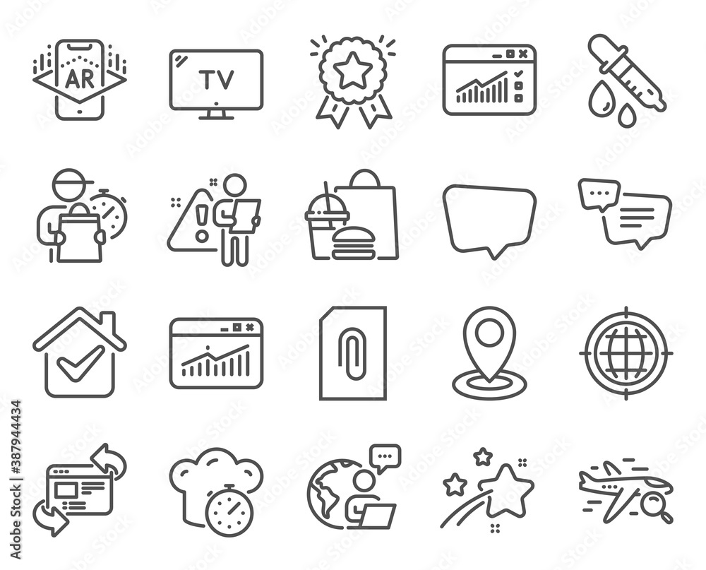 Technology icons set. Included icon as Augmented reality, Website statistics, Location signs. Ranking star, Cooking timer, Tv symbols. Search flight, Chemistry pipette, Web traffic. Vector