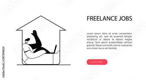 The man works at home. Freelance work concept. Banner with text for web desig.