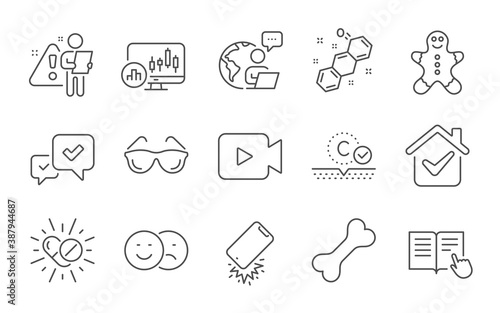 Like, Video camera and Smartphone broken line icons set. Candlestick chart, Chemical formula and Dog bone signs. Read instruction, Medical drugs and Collagen skin symbols. Line icons set. Vector