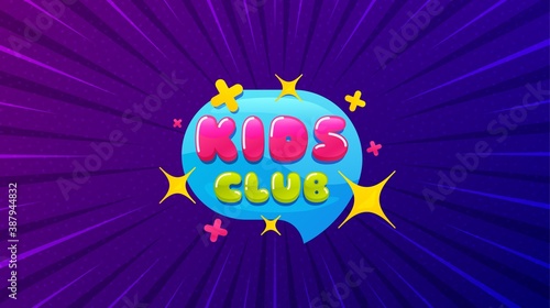 Kids club banner. Purple background with offer message. Fun playing zone sticker. Children games party area icon. Best advertising coupon banner. Kids club badge shape. Abstract background. Vector