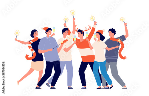 People with sparklers. Friend night party, christmas company on corporate festive. Group men woman celebrating new year vector illustration. Party night celebrate, christmas celebration happy