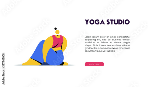 Happy woman doing yoga in a studio. Concept yoga studio banner.