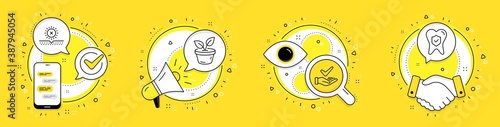 No sun, Leaves and Dermatologically tested line icons set. Cell phone, megaphone and deal vector icons. Dental insurance sign. Uv protect, Grow plant, Organic. Oral medicine. Healthcare set. Vector