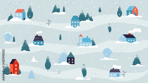 Winter snowy landscape. Christmas house minimal background, country or cute village in forest. Flat street cold weather and snow. Minimalism rural small buildings, neighborhood vector illustration