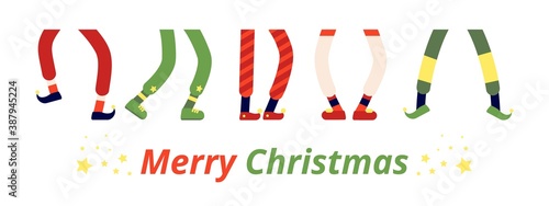 Fun elf feet. Leprechaun legs, dancing elves in shoes. Different dwarf stocking foot boot, funny holiday christmas celebrating vector banner. Cartoon leprechaun and elf feet, christmas illustration