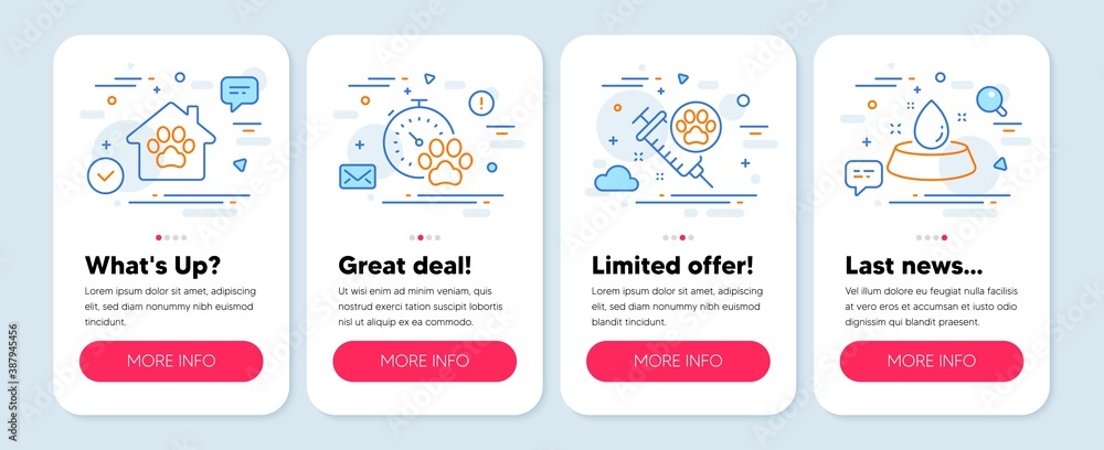 Fototapeta premium Set of Animals icons, such as Pet shelter, Dog competition, Dog vaccination symbols. Mobile screen app banners. Water bowl line icons. Pets activities, Pets medicine. Pet shelter icons. Vector