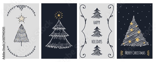 Christmas cards template. Doodle xmas tree and stars, holiday invitation banner. New year festive scandinavian minimalistic vector illustration. Holiday xmas tree, winter december card