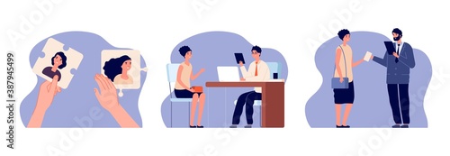 HR agency. Recruitment, job seekers application. Woman employer hiring, career service illustration. Candidate choice vector concept. Hr and recruitment candidate, interview to work