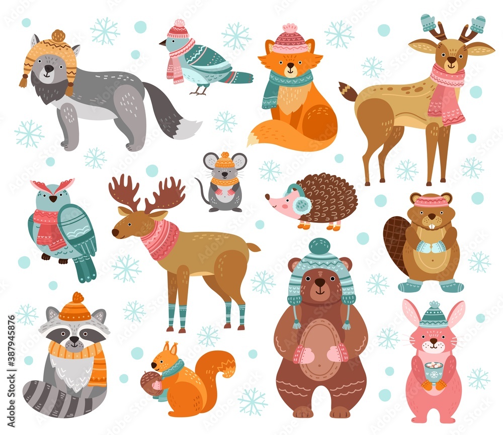 Winter animal characters. Style holiday animals, cute christmas raccoon rabbit fox deer. Woodland funny greeting friends vector illustration. Character christmas deer and owl in hat, rabbit animal