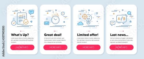 Set of Science icons, such as Seo idea, Time, Checked calculation symbols. Mobile screen mockup banners. Ab testing line icons. Performance, Clock, Statistical data. Test chat. Seo idea icons. Vector