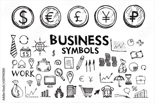 Hand drawn business symbols. Management concept with Doodle design style.	