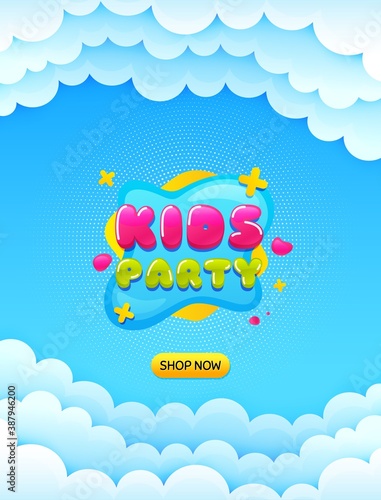 Kids party sticker. Cloud sky background with offer message. Fun playing zone banner. Children games party area icon. Best advertising coupon cloud banner. Kids party badge shape. Vector
