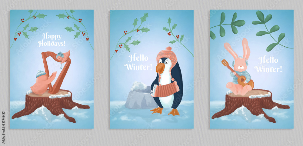 Set of 3 Christmas cards with winter animals playing musical instruments in nature. Winter fun digitally hand-drawn illustrations.