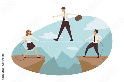 Anticrisis suppport, business, management, outsourcing concept. Team of businesspeople help businessman leader crossing abyss on stretching rope. Coworking or collegue partnership support illustration