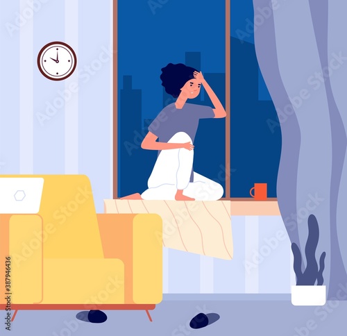 Girl sitting window sill. Depression, sad woman in room looking at night city. Autumn mood, life problems vector illustration. Home lonely person near window, sad expression serious anxiety