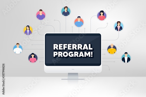 Referral program symbol. Remote team work conference. Refer a friend sign. Advertising reference. Online remote learning. Virtual video conference. Referral program message. Vector