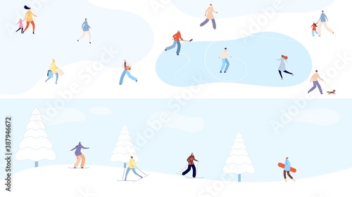 Winter holidays. Tiny people walking in snow park, skiing and skating. Christmas and new year, snowy forest with sport woman man vector banners. Snowboard ski winter park, snow holiday illustration