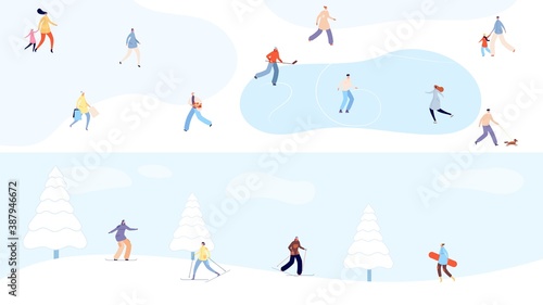 Winter holidays. Tiny people walking in snow park  skiing and skating. Christmas and new year  snowy forest with sport woman man vector banners. Snowboard ski winter park  snow holiday illustration