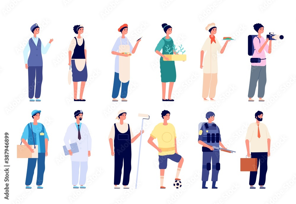 Different professionals. Group workers, employees in uniform. Business people career in diverse industries vector characters. Occupation professional character, labor worker career illustration