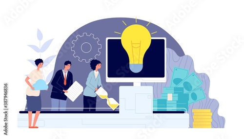 Brainstorm and teamwork. Business collaboration, engagement team create ideas like conveyor. Innovation technology solution vector concept. Illustration business team brainstorming and cooperation