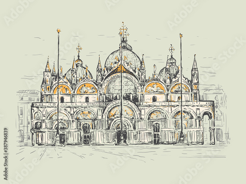 Basilica di San Marco in Venice, Italy. Landmark of Venice. Sketch vector illustration. Vintage design