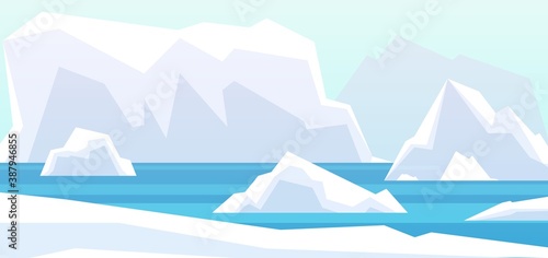 Arctic landscape. Beauty north pole, glacier iceberg in water. Winter polar mountains rocks, antarctic melting berg in sea vector background. Illustration arctic water sea, landscape north