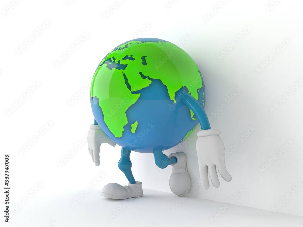 World globe character leaning on wall on white background