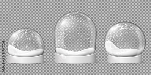Empty snowballs. Snow globe, spherical shape glossy dome. Holiday bowl on base and snowflakes inside, christmas toys recent vector set