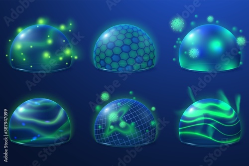 Transparent protection. Safety shield, energy bubbles for protect. Security fields with grid future, abstract 3d sphere recent vector set