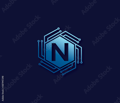 N Alphabet Technology Logo Design Concept photo