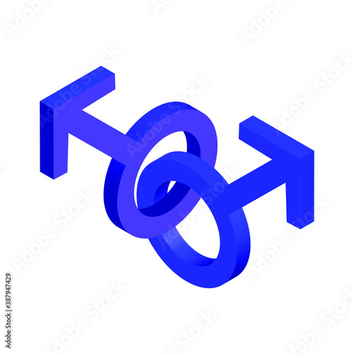 Two blue male signs on a white background, isometric image, gay love, vector image